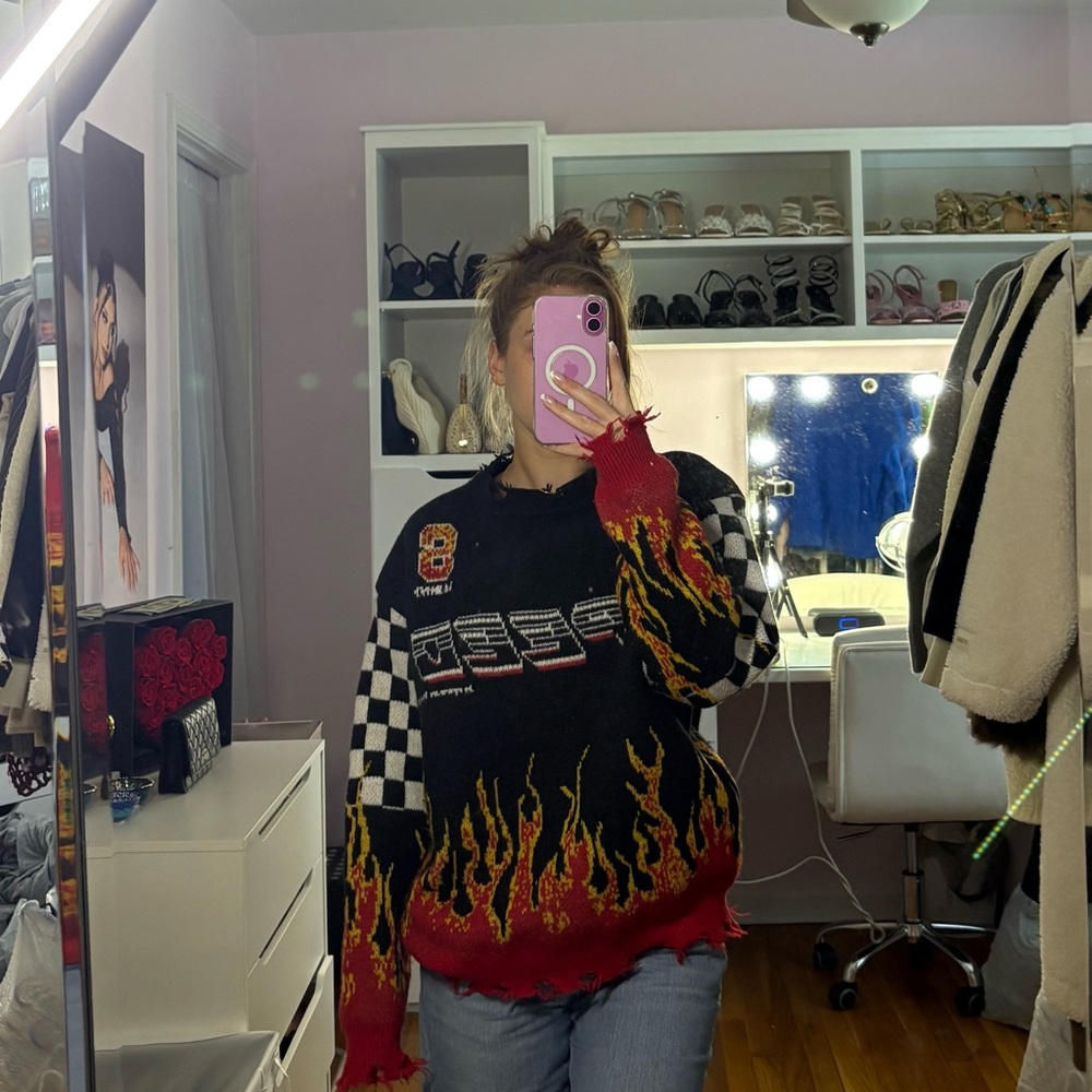 SHEIN Black Sweater with Red Flames and Checkered Sleeves